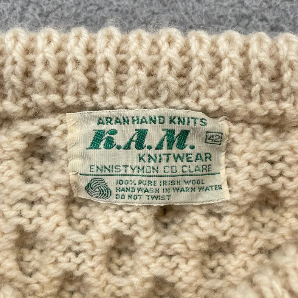 Vintage Mens Irish Fisherman Sweater KAM Knitwear Aran Hand Knits Wool 42 Medium - Picture 4 of 14